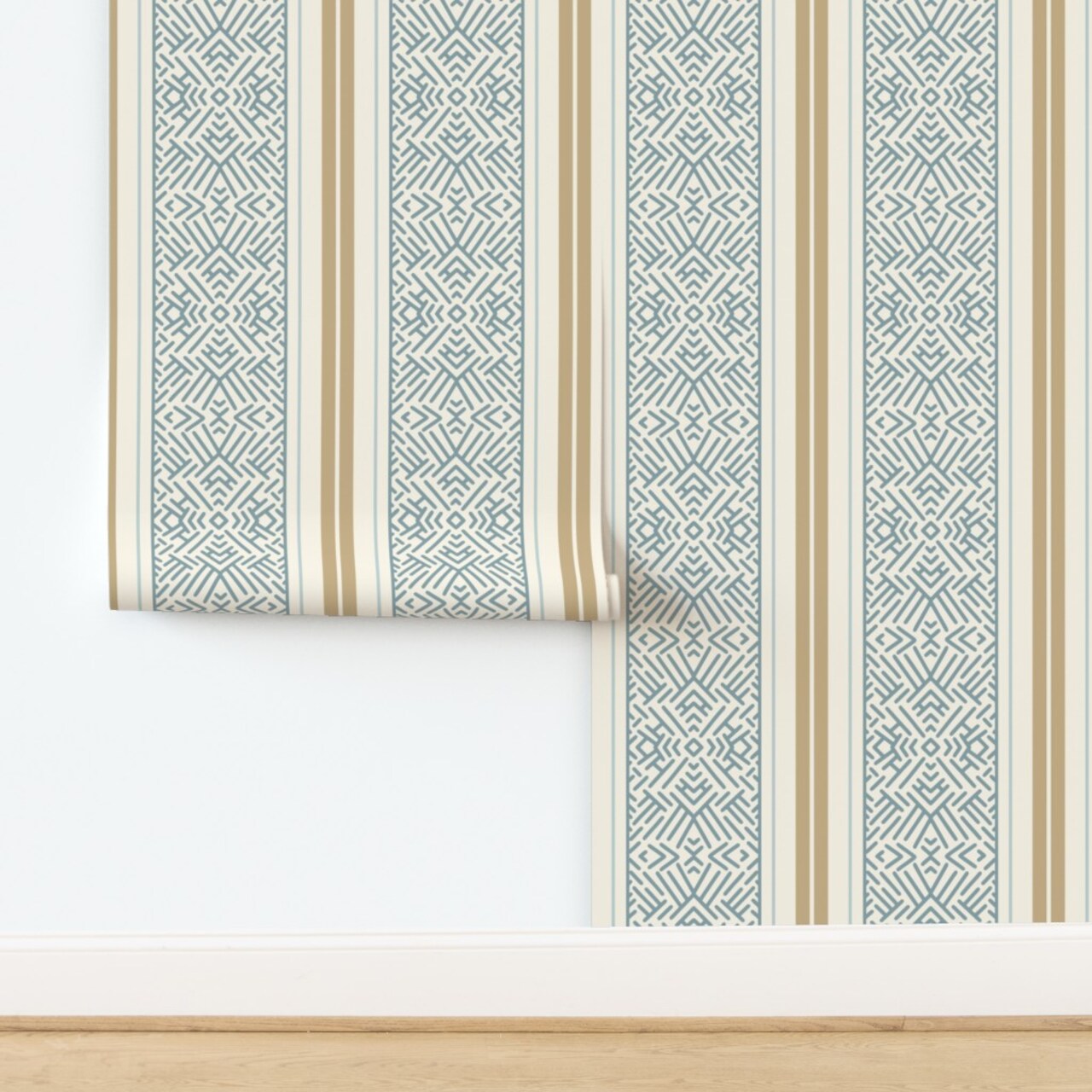 Boho Gold Blue Geometric Bohemian Classic Custom Pre-pasted Wallpaper by Spoonflower Pre-Pasted Wallpaper 2FT Wide